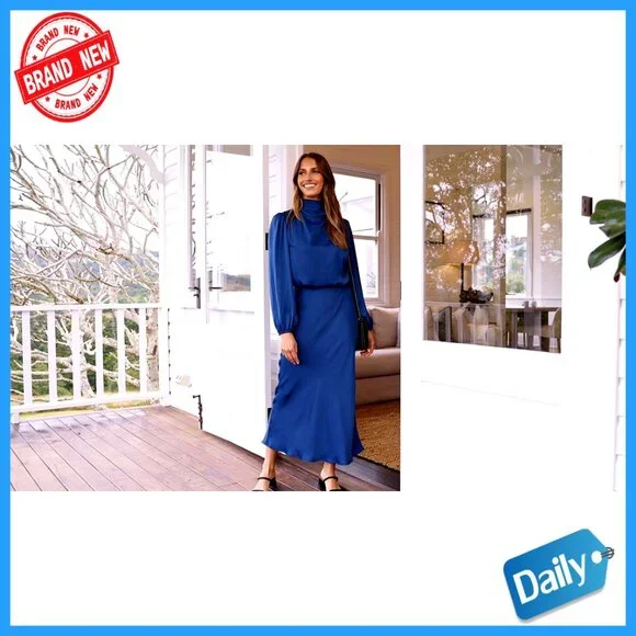 Satin Mock Neck Maxi Dress Elegant Formal Wedding Party Cocktail Wear